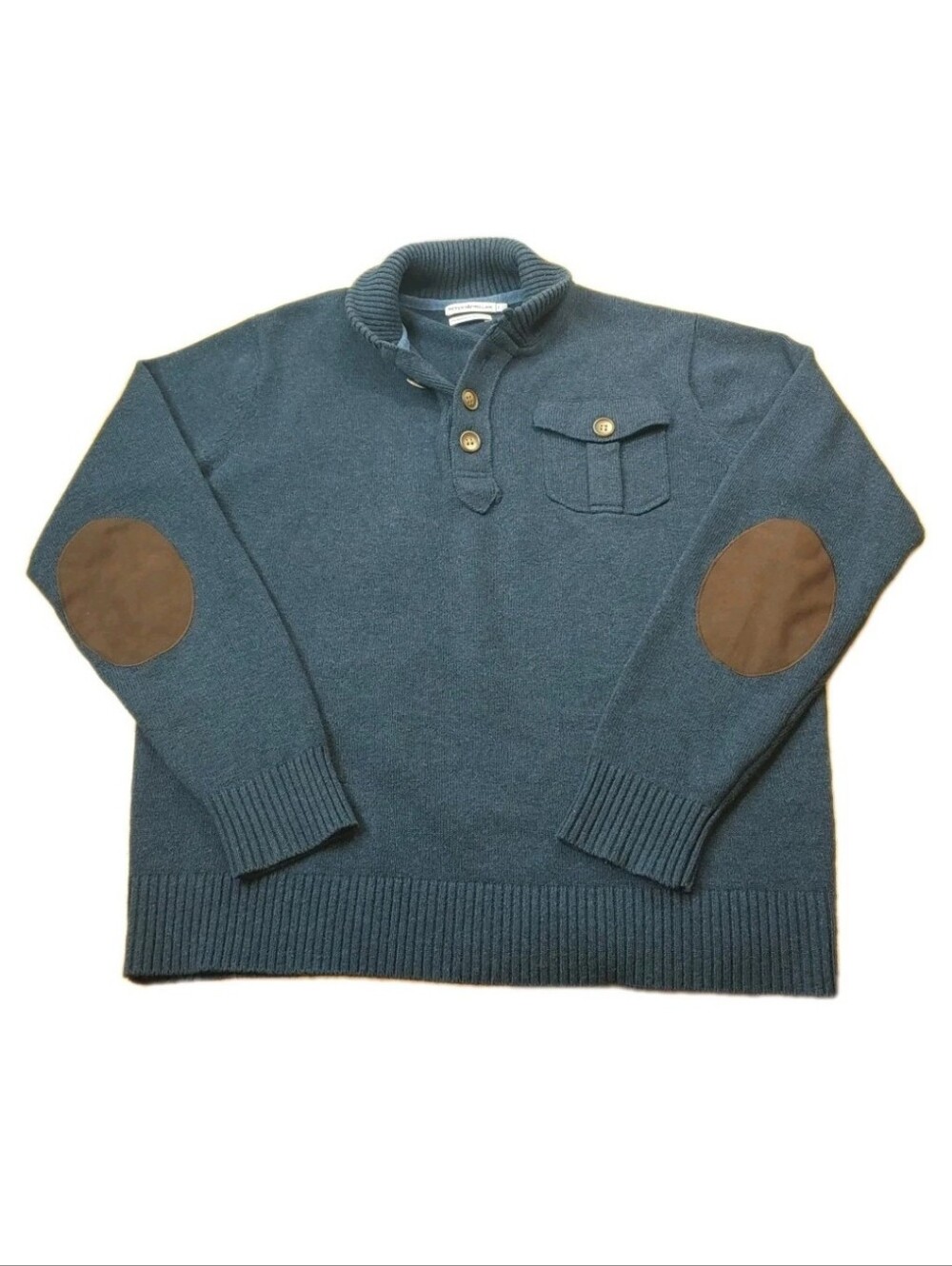 Peter Millar Italian Merino Wool Henley Sweater Men Lg Blue Knit Elbow Patches